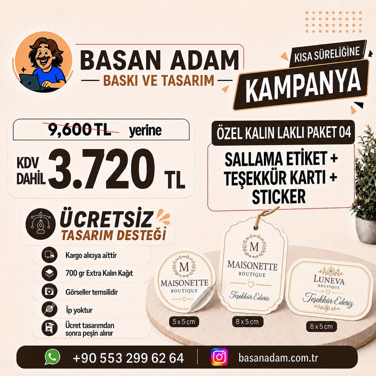 Extra kalın laklı sallama etiket, teşekkür kartı ve sticker'ı bir arada sunan üçlü paket.