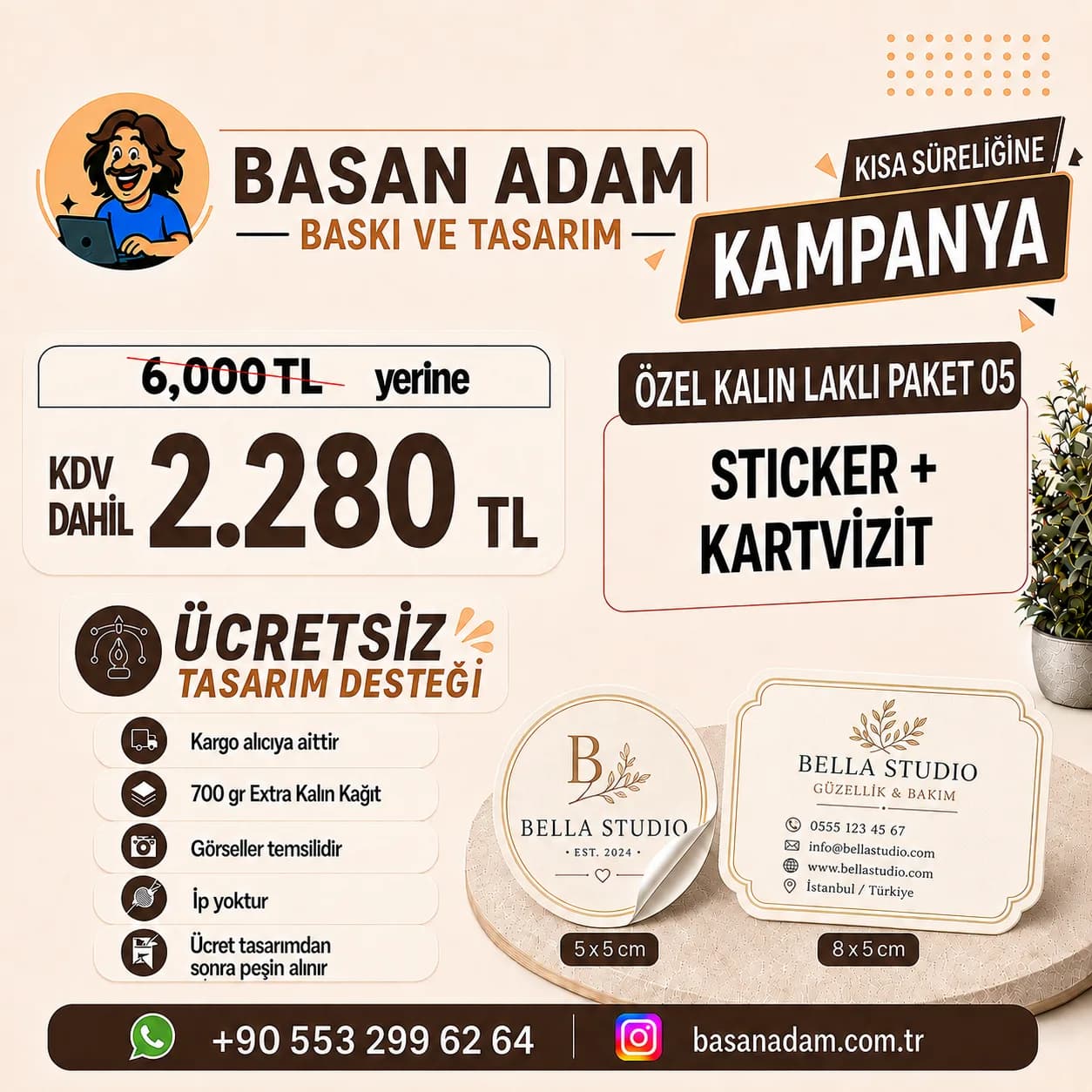 700 gr extra kalın laklı kartvizit ve sticker bir arada.