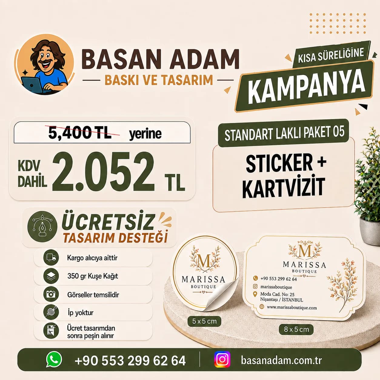 Kabartma laklı kartvizit ve sticker'ı bir arada sunan paket.
